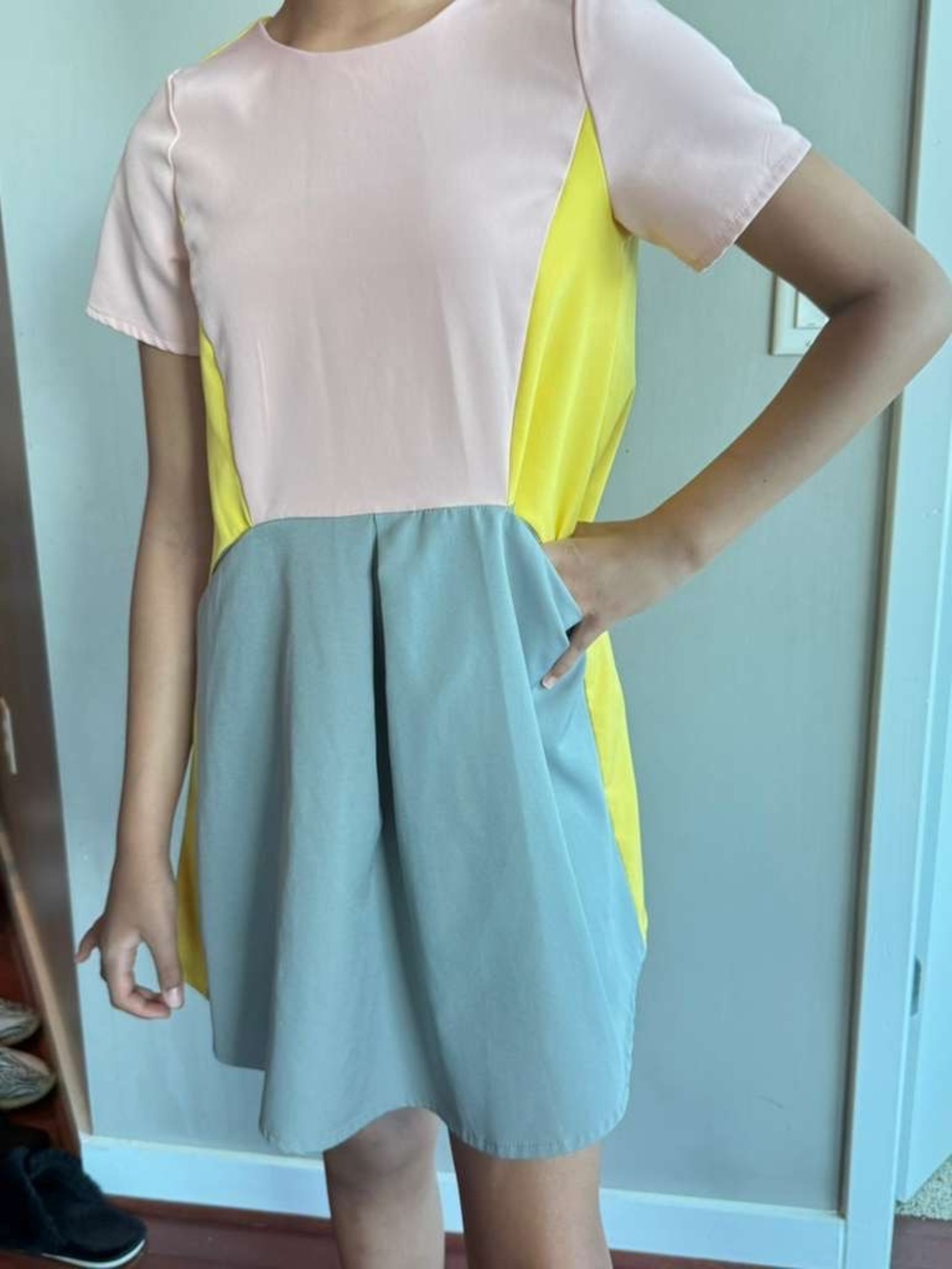 Colorblock Short Sleeve Dress in Pink, Yellow & Blue